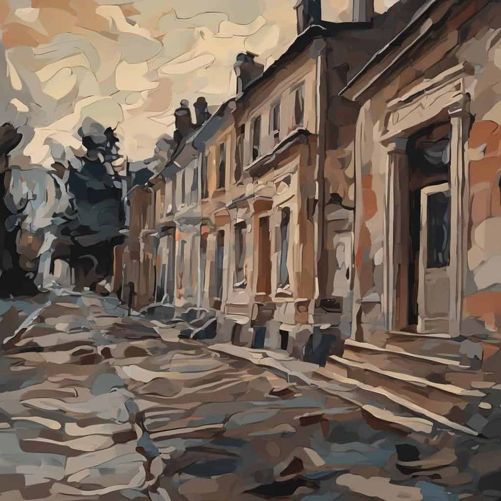 Παραδοσιακή οδός με αρχοντικά, σε πινελιές ζωγραφικής, δείχνει αντίθεση και αισθητική τεχνική δίνοντας αίσθηση παλαιότητας και γοητείας.