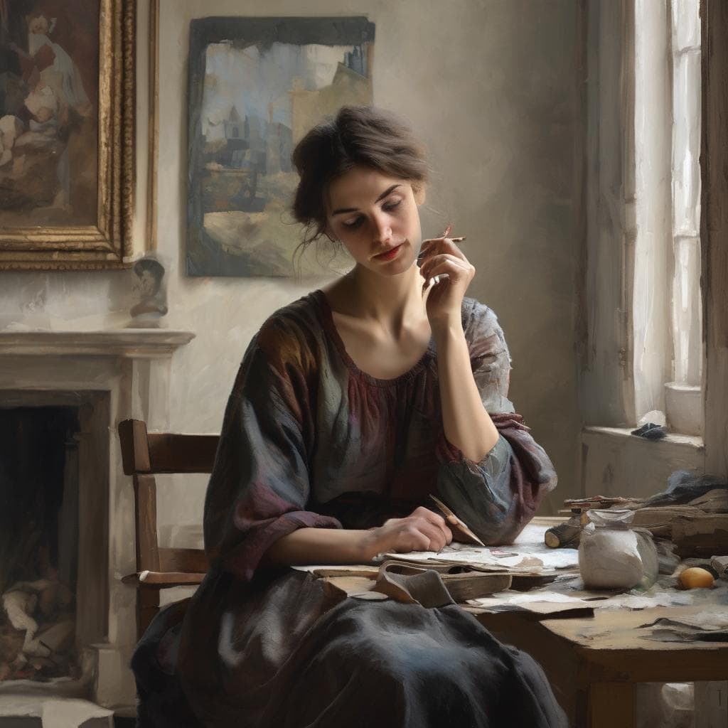 Όμορφη νεαρή γυναίκα ζωγραφίζει σε ατμοσφαιρικό εργαστήρι, αναδεικνύοντας την αντίθεση στην αισθητική τέχνη και τον δημιουργικό χαρακτήρα.