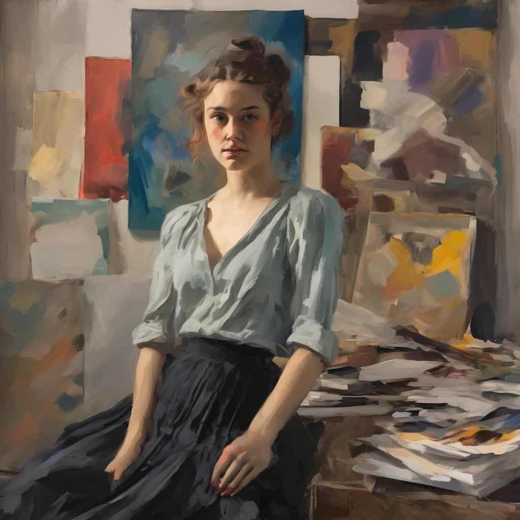 Πορτρέτο γυναίκας σε ατελείωτο εργαστήριο ζωγραφικής με αντιθέσεις χρωμάτων, αισθητική τεχνική, τέχνη και δημιουργικότητα.